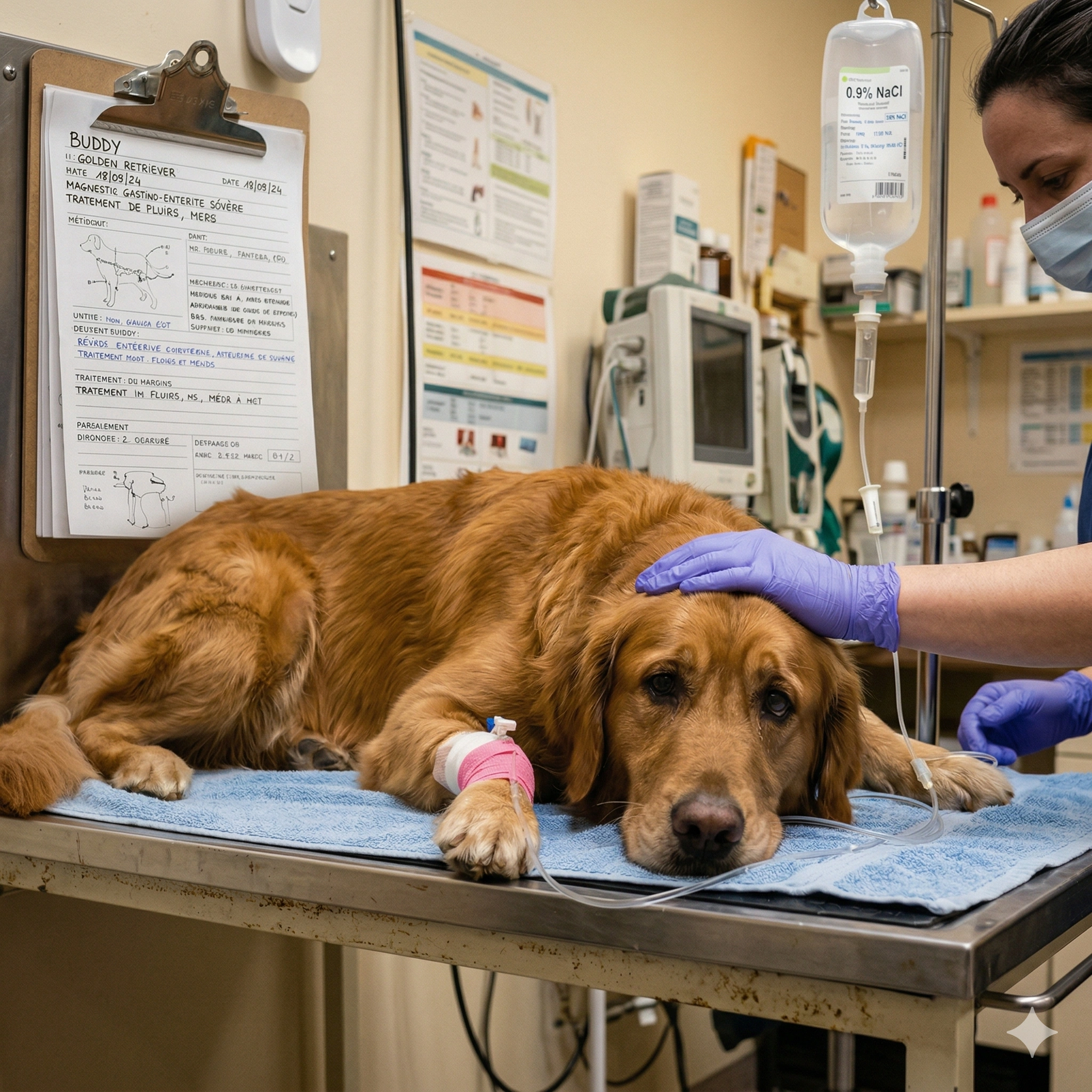 Chien hospitalisé après des années de traitements chimiques
